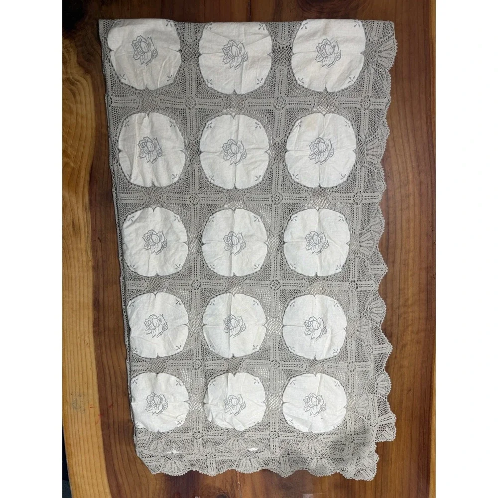 Vintage Antique Tablecloth Cotton Madeira With filet & Crochet lace LINEN E3-5